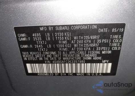 2019 Subaru Outback 2.5I Premium из США, поврежденный, VIN 4S4BSAFC2K3357980